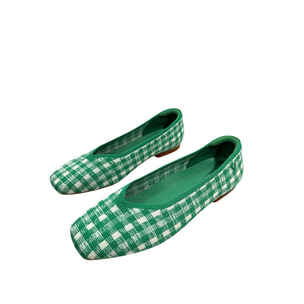 VIVAIA Square Toe V-Cut Knit Ballet Flats Green Gingham Women’s EU 39.5 US 8.5 - Picture 3 of 12